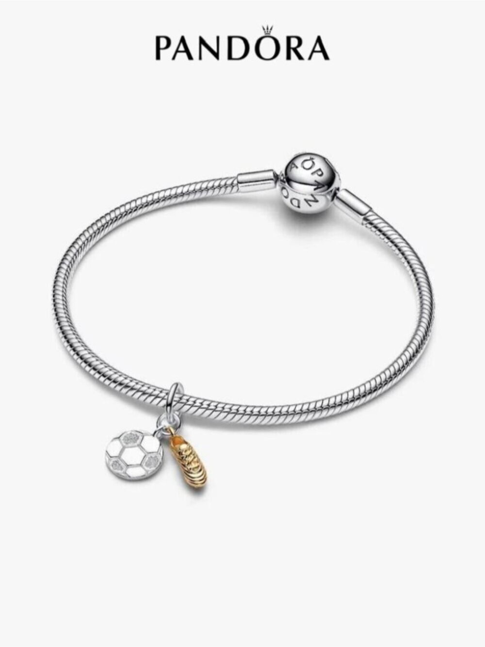 Pandora Silver Bracelet with Soccer Ball and Gold Boot Charms